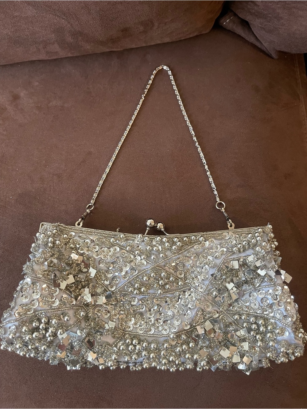 Beaded Silver Evening Shoulder Bag with Chain Strap